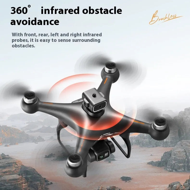 S116 black plastic brushless UAV quadcopter with four-side obstacle avoidance and HD camera, shown with remote control.