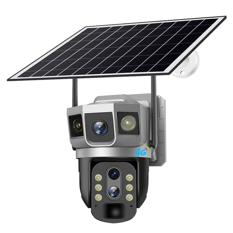 V380 outdoor security camera with solar panel showing 10x zoom lens and 4G antenna