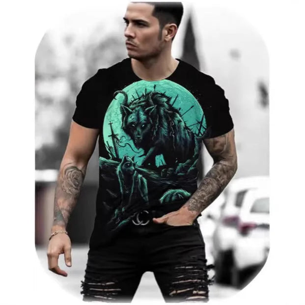 Men's grey T-shirt with a retro-style 3D digital print of an animal graphic on the front.