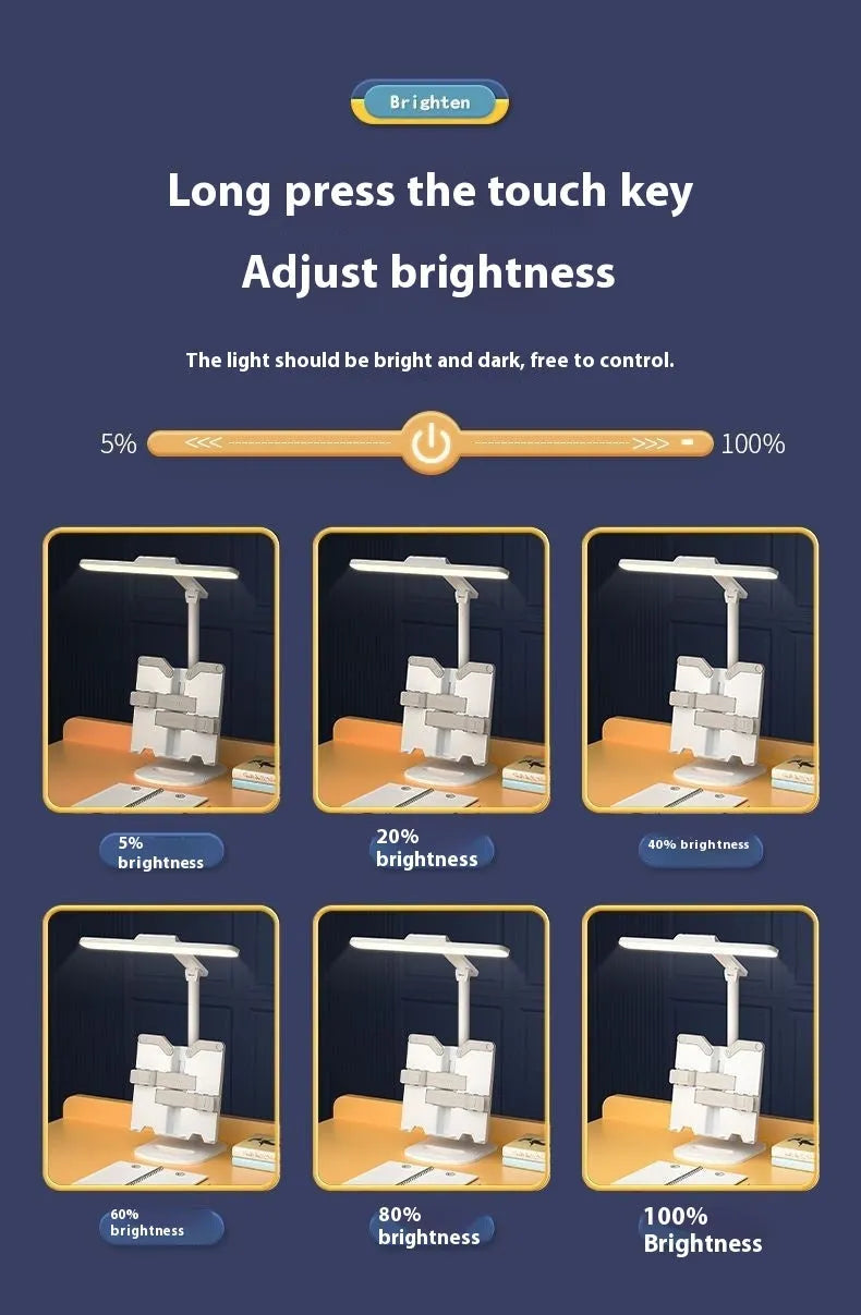 Adjustable desk lamp with a small attached shelf, showing three light temperature settings and a rechargeable battery.