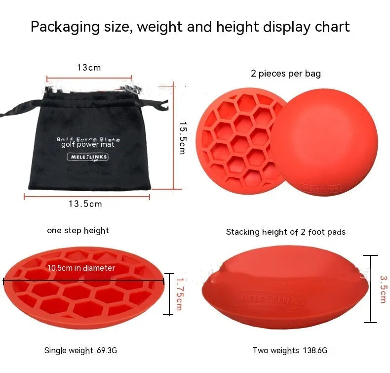 Orange natural rubber golf strength training mat with centre of gravity markings on a flat surface.