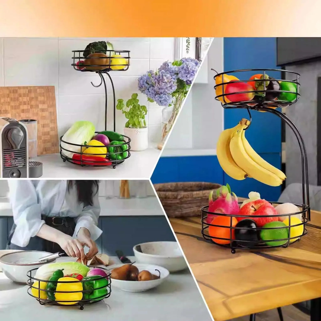 Black wrought iron double-layer fruit basket with 25cm diameter for kitchen storage