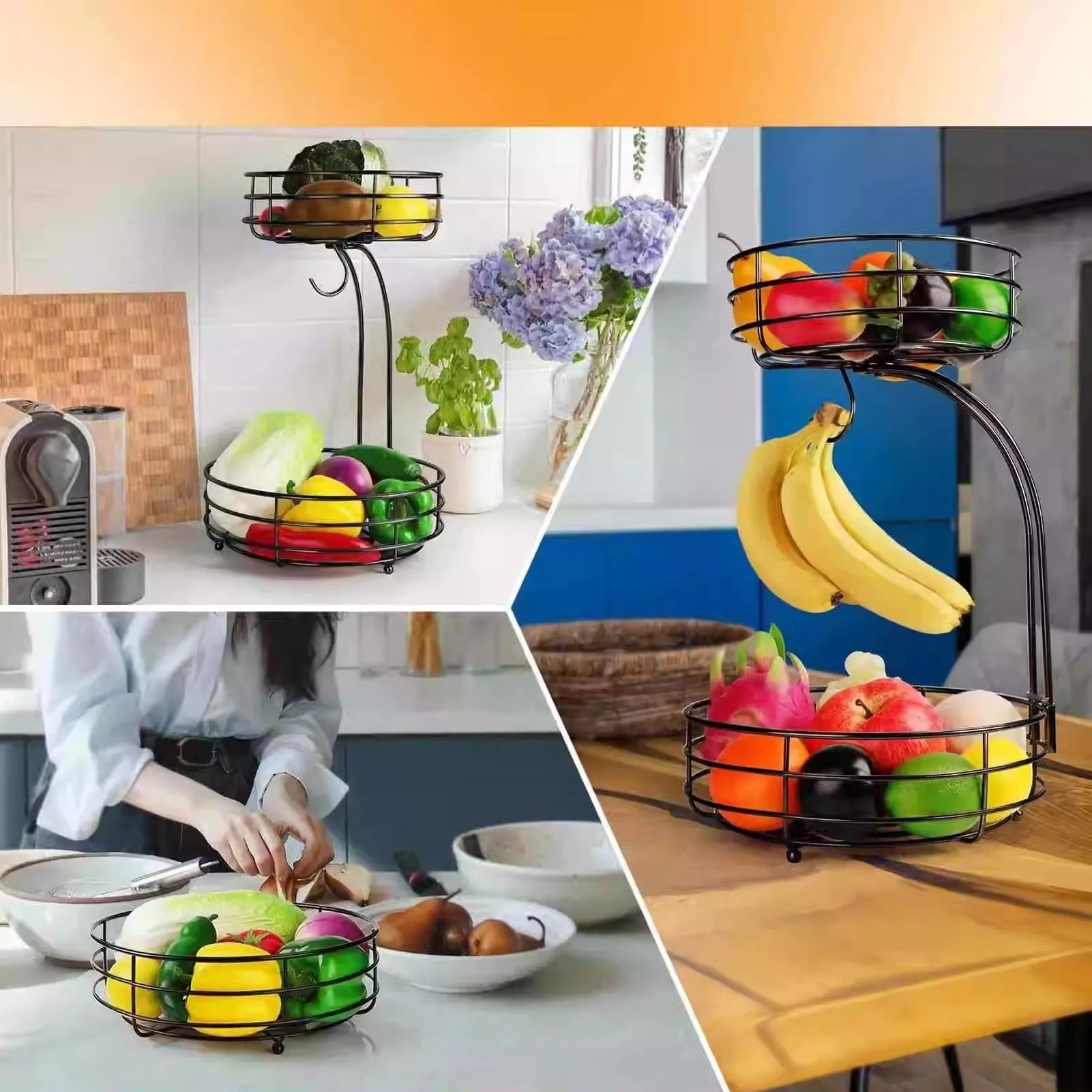 Black wrought iron double-layer fruit basket with 25cm diameter for kitchen storage