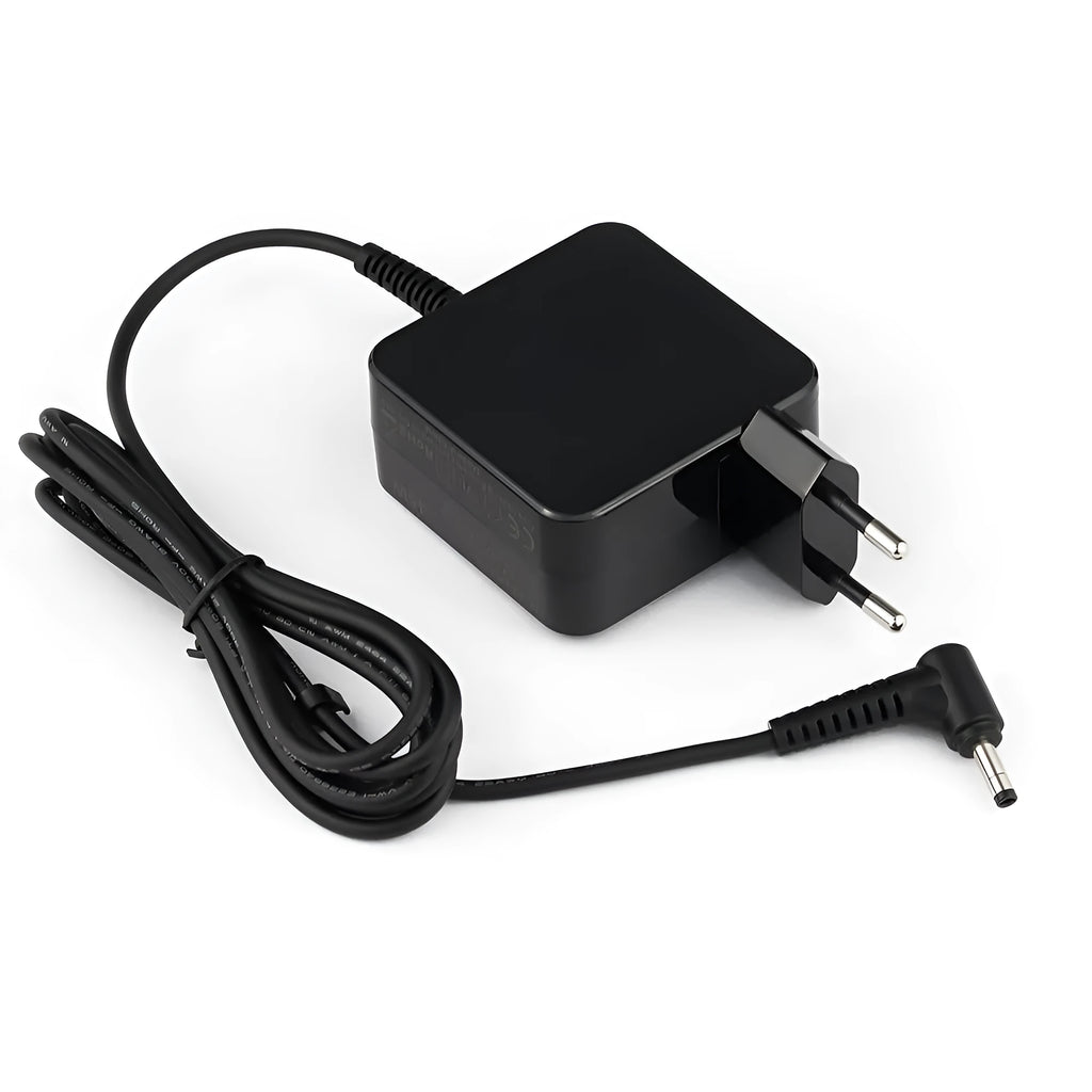 Black 45W laptop adapter with EU and US plug options showing DC connector