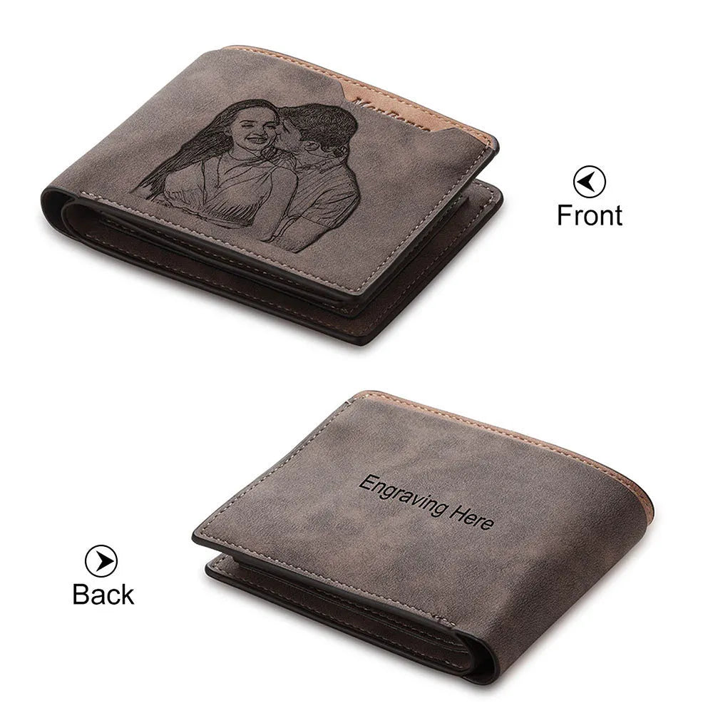Coffee coloured horizontal short wallet with photo engraving personalisation