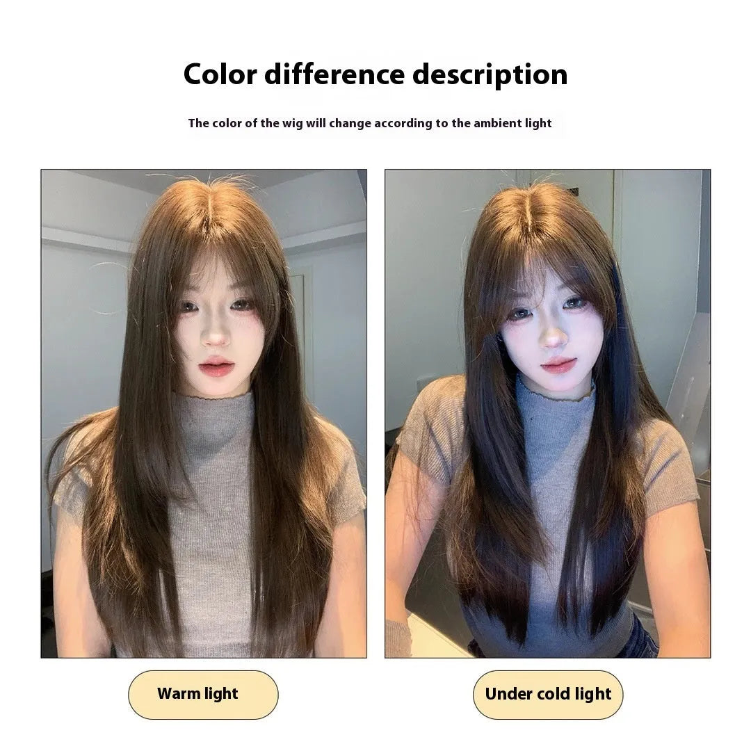 Cold brown layered long straight women's full-head wig with natural styling