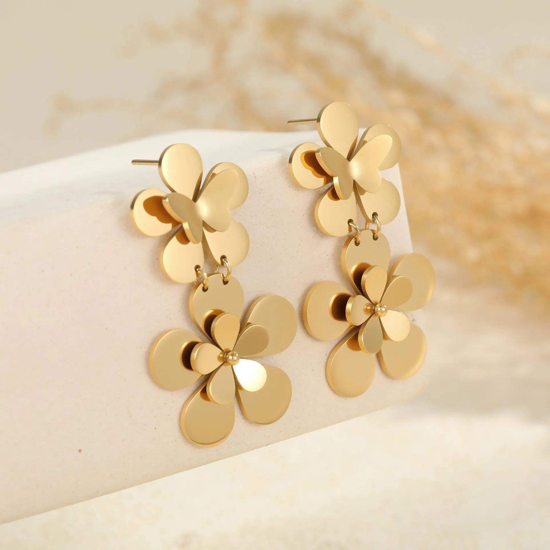 Gold flower butterfly stainless steel earrings with 18K plating for women