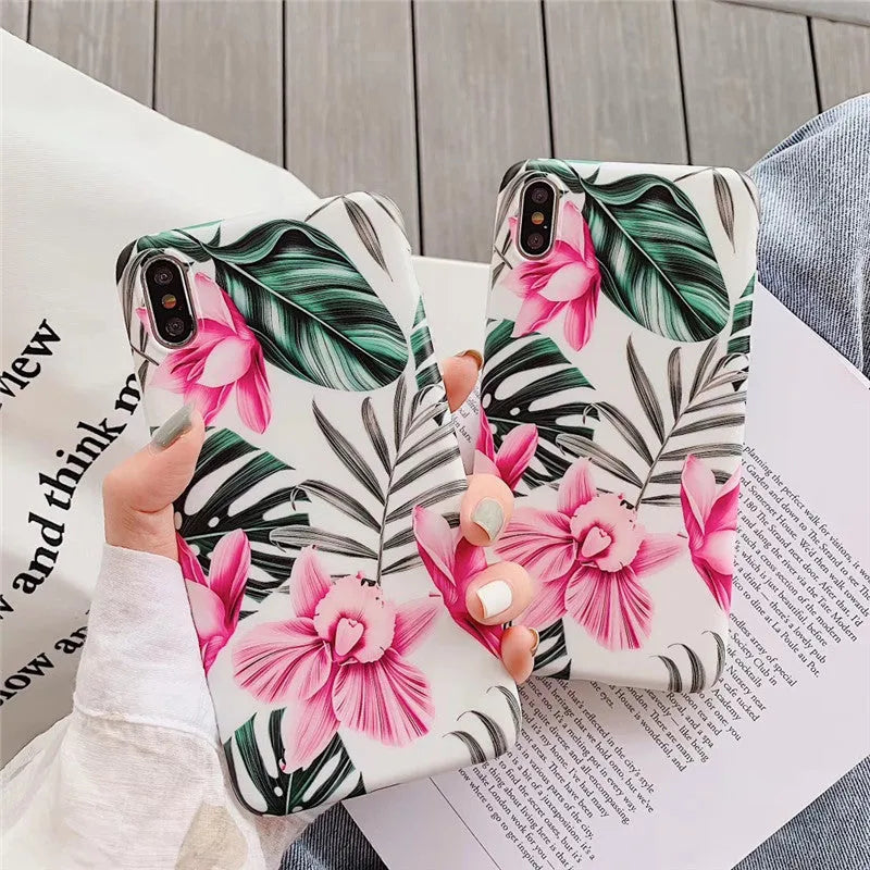 Pink floral pattern TPU back cover phone case for iPhone models