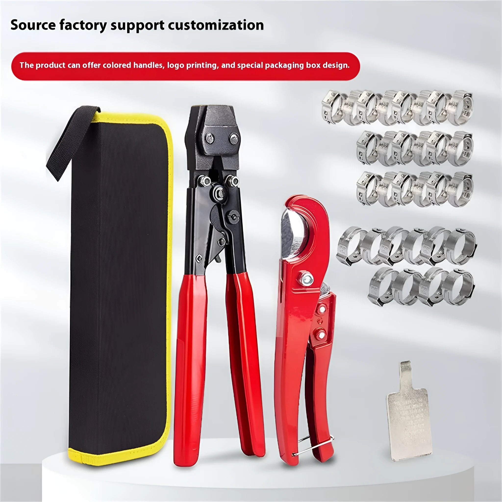 Single ear clamp tool kit with red cloth case and carbon steel cutting blade for hose connections