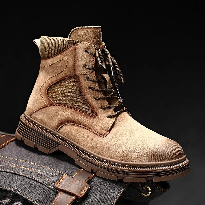 Men's vintage round toe Martin boots in black, grey, and sand colours with a low thick heel.