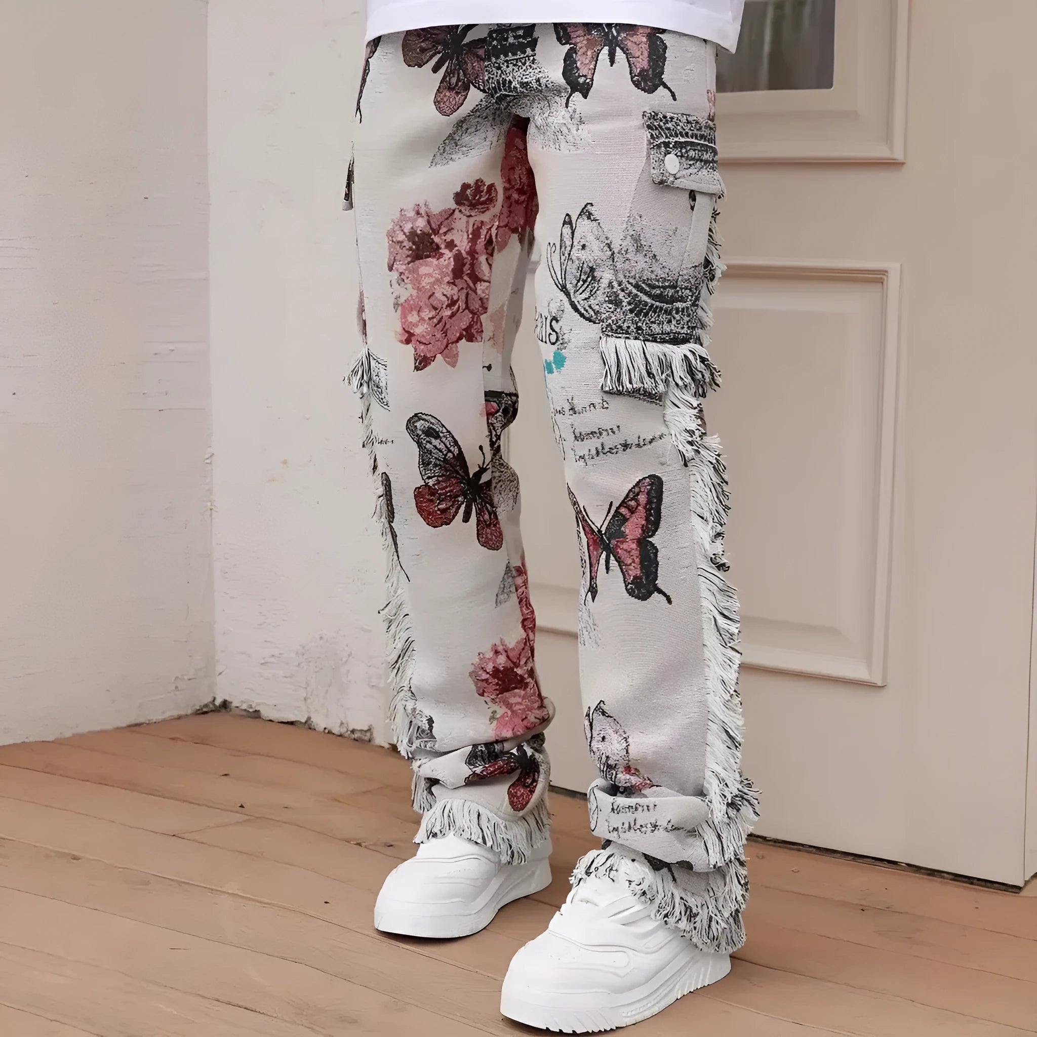 Men's animal digital print slim fit denim trousers, mid waist, zip placket, available in multiple sizes