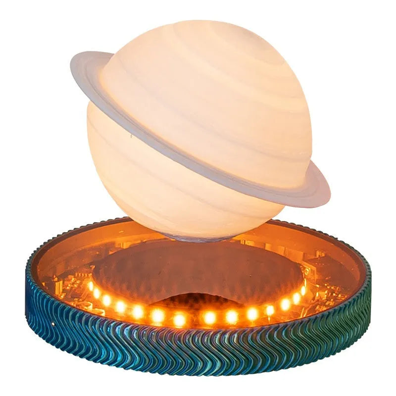 Magnetic suspension 3D printed moon night lamp on a desk with USB cable.