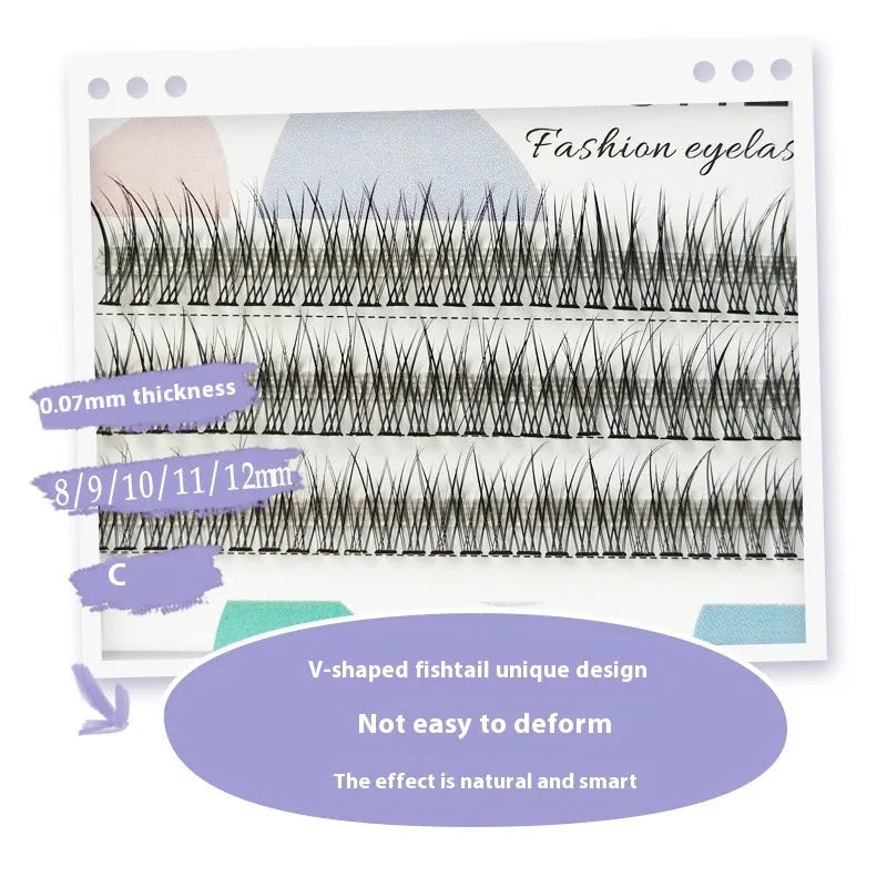 Black V-shaped fairy fishtail false eyelashes with thick segmented design ranging from 8mm to 12mm in length.