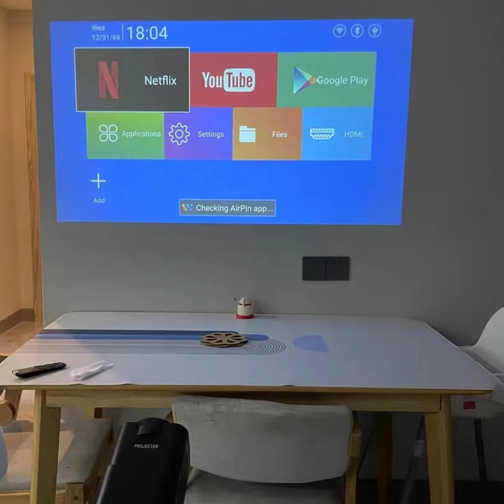 720p HD home projector with portable handle showing wireless connectivity ports