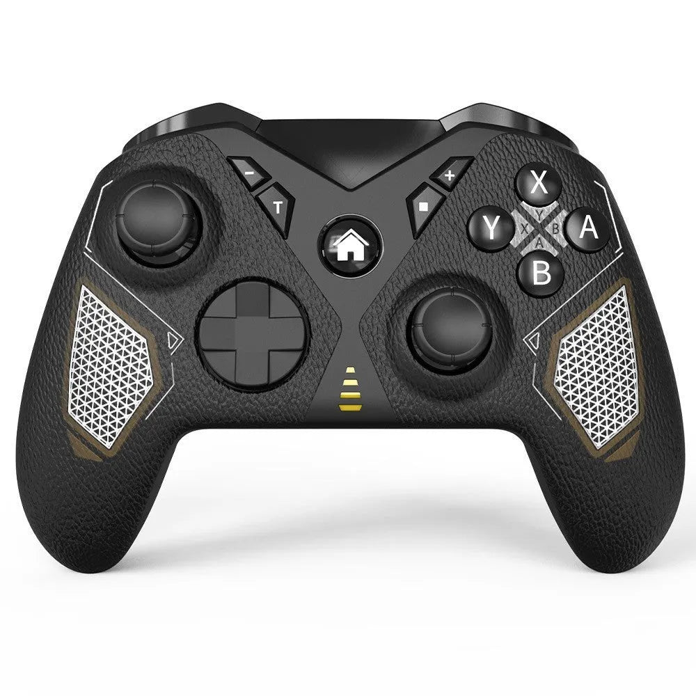 Black wireless game controller for Nintendo Switch with leather-pattern texture on grips