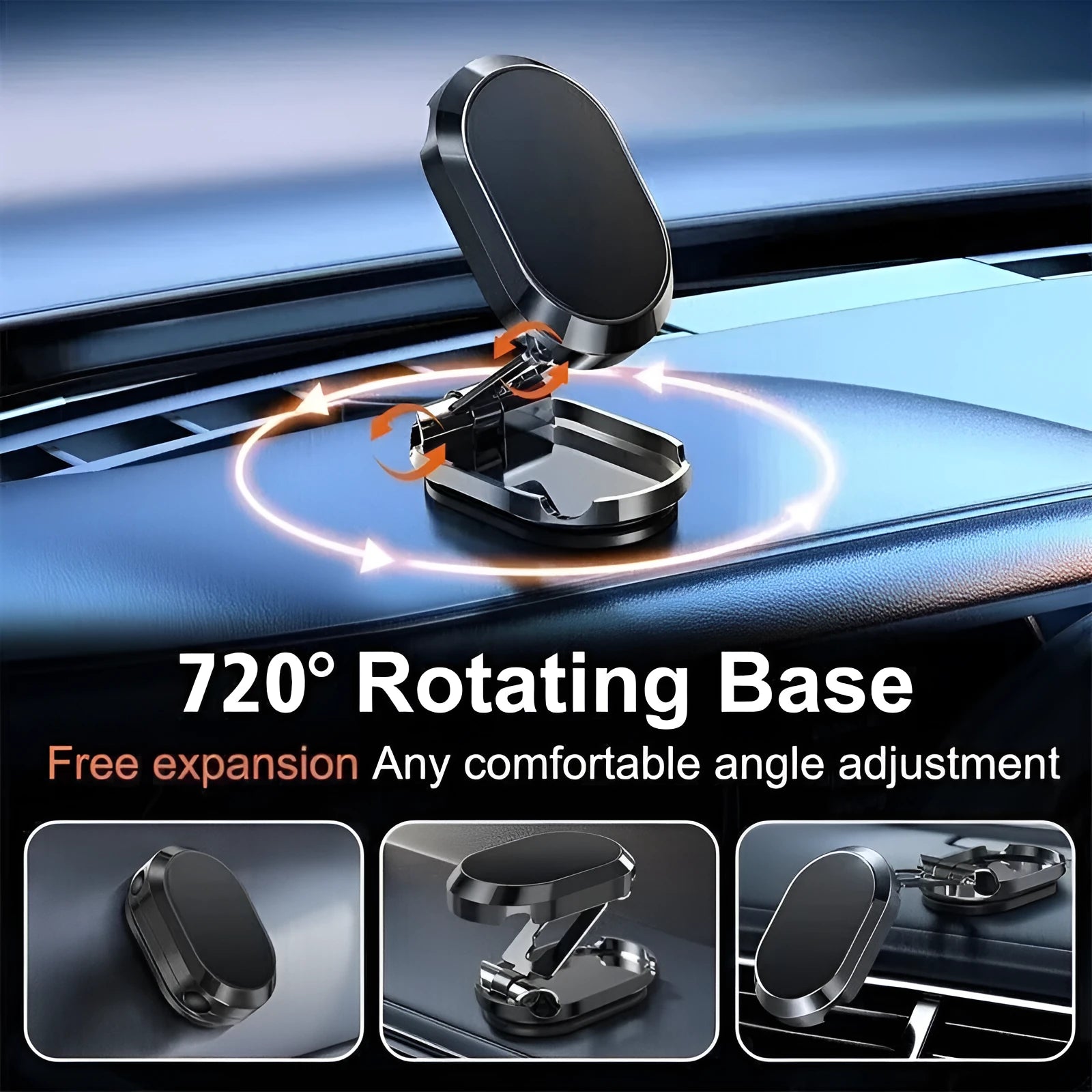 Chrome magnetic car phone holder with folding bracket and 360-degree swivel rotation