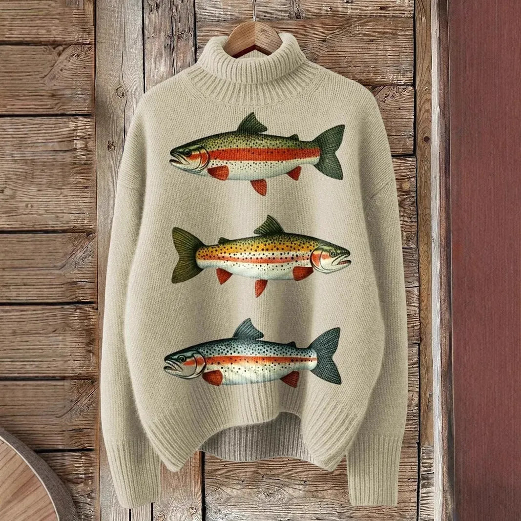 Women's loose-fit Christmas printed turtleneck sweater in a macaron colour on a hanger