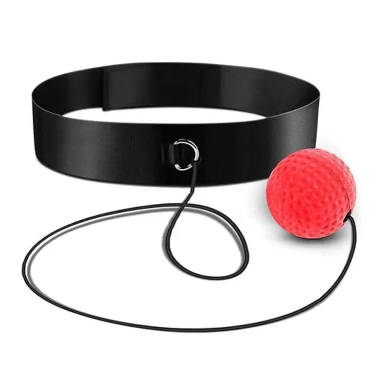 Head-mounted boxing reaction training ball set with adjustable headbands and multiple coloured balls on a white background.