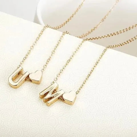 Peach heart shaped letter necklace pendant in gold or silver alloy metal