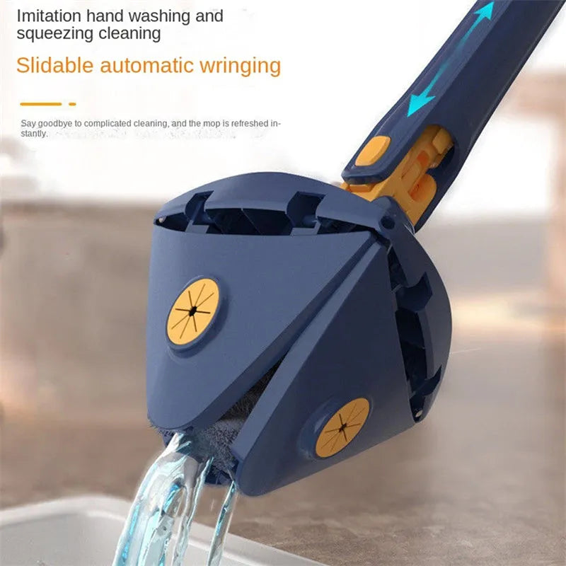 Blue extendable triangle cleaning mop with 360° rotating head and stainless steel pole