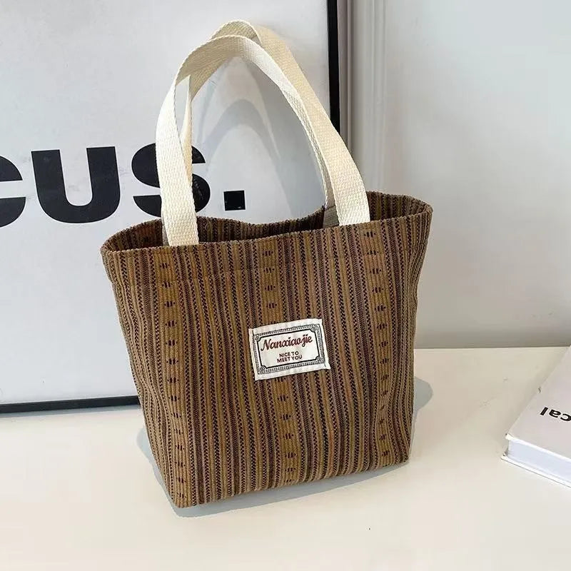 Japanese style corduroy tote bag in dark brown colour with large capacity interior