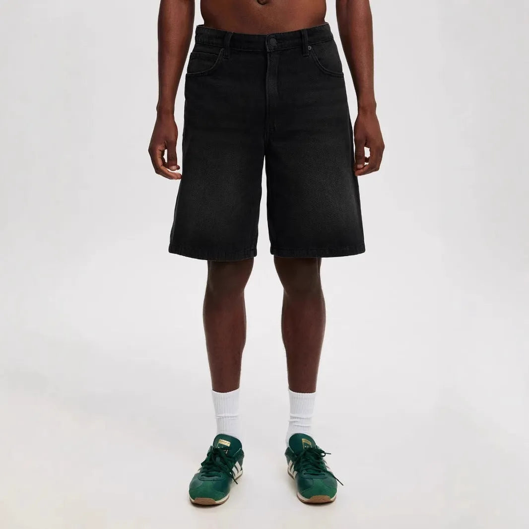 Men's loose straight-leg cotton denim trousers in light blue, black, and grey colour options