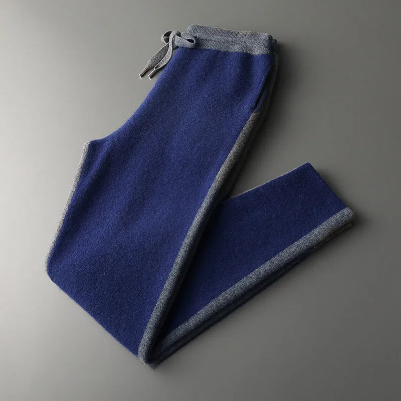 Men's navy blue cashmere wool blend winter sports suit with half-turtleneck zipper cardigan and matching trousers