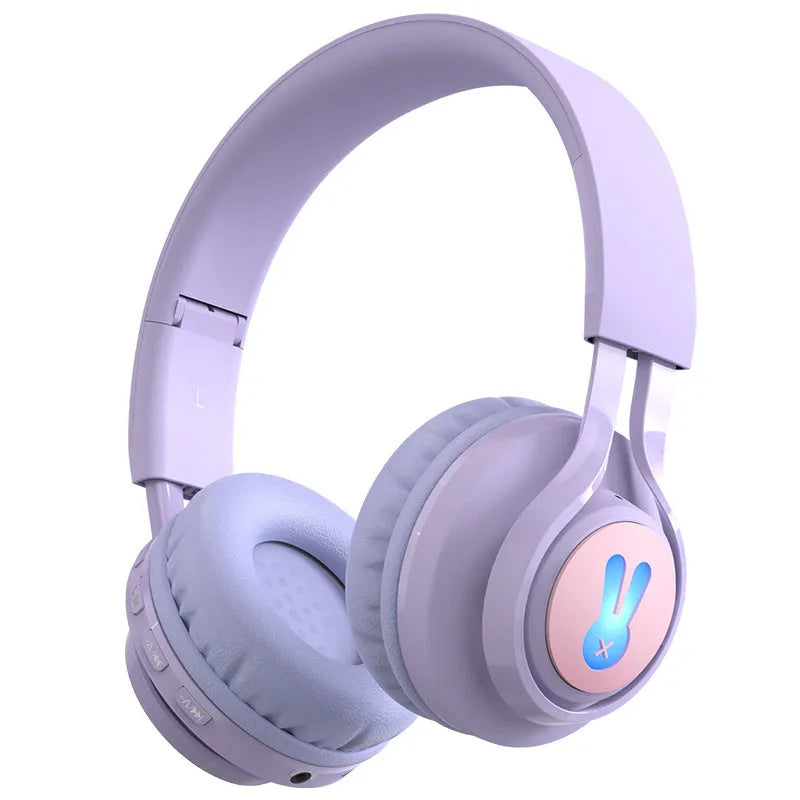 Wireless children's headphones with RGB bunny ear lights in purple colour showing stereo sound and call functionality