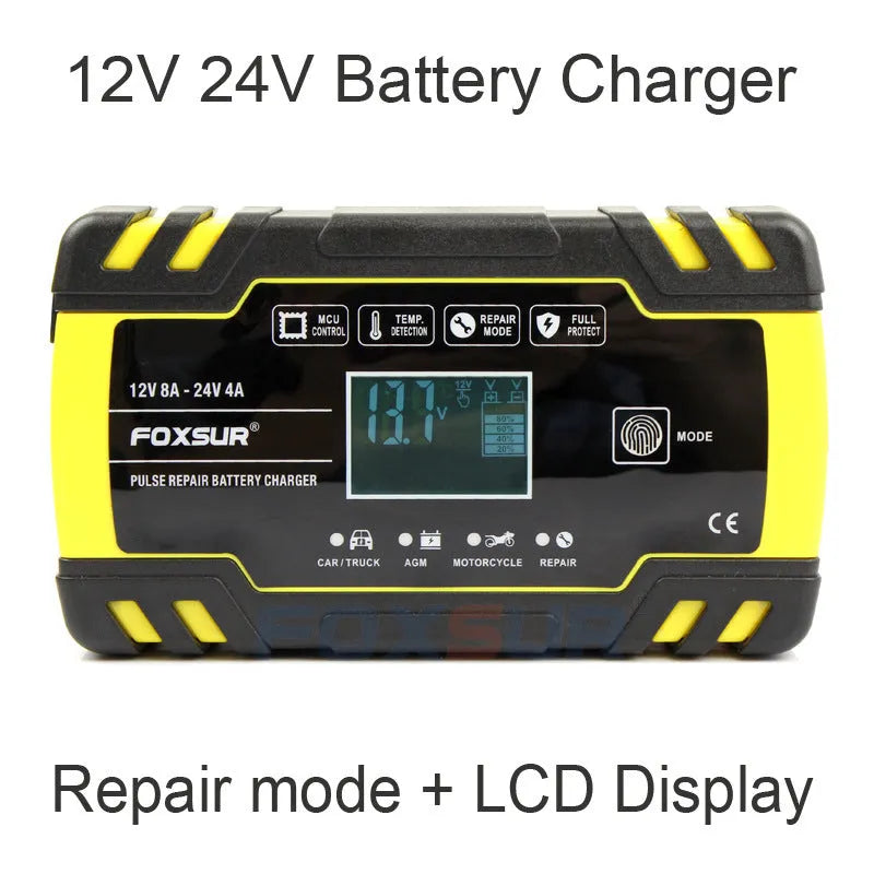 12V 24V battery charger with LCD screen for motorcycle car and truck lead-acid batteries