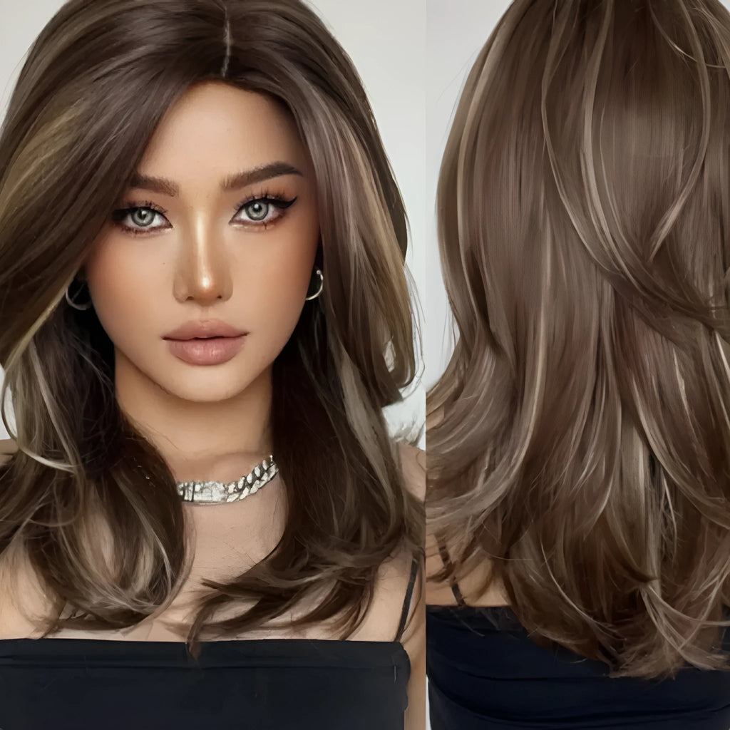 Mid-length curly synthetic wig with platinum gradient colour and long bangs