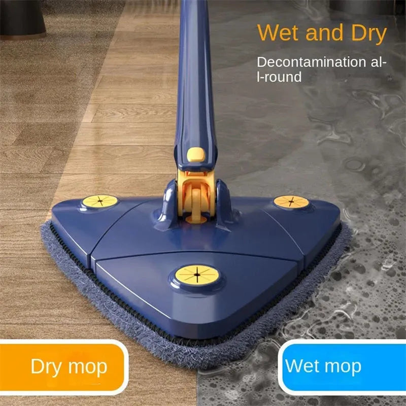 Blue extendable triangle cleaning mop with 360° rotating head and stainless steel pole
