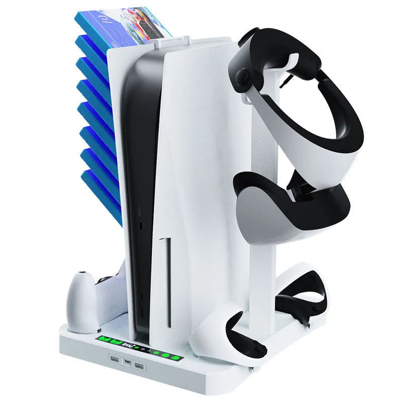 PS5 PSVR2 multifunctional cooling pad base with game disc and helmet storage rack in ABS material