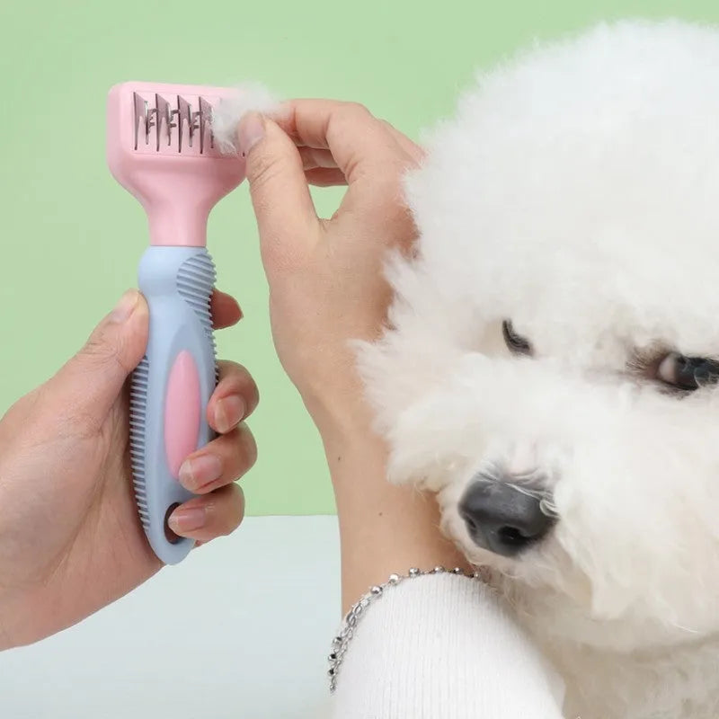 Pink stainless steel pet grooming comb with knot knife and massage function