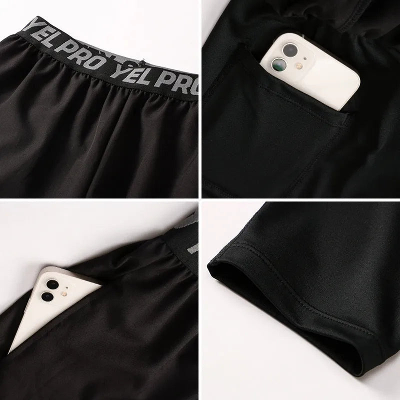 Men's grey quick-drying high elastic tight pants for fitness exercise on a model