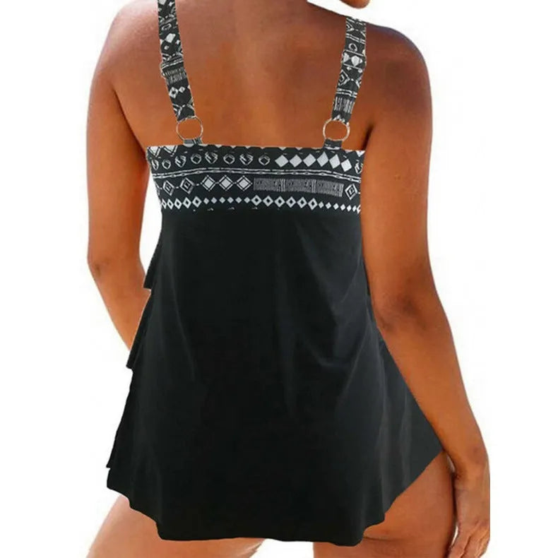 Plus-size women's split swimsuit with double shoulder straps and decorative bow front