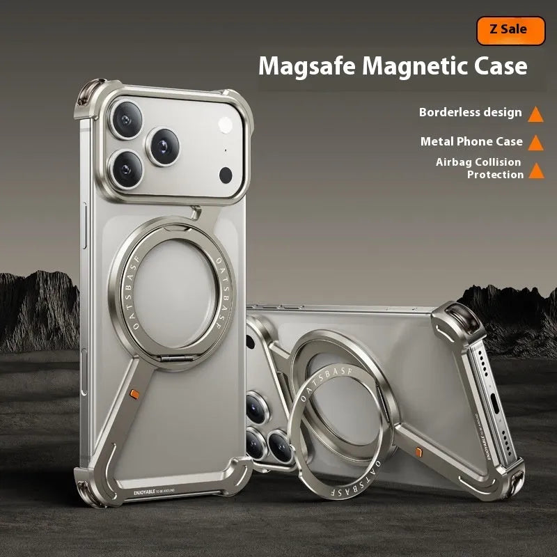 iPhone 17 Pro Max metal phone case with integrated magnetic bracket in black electroplated finish