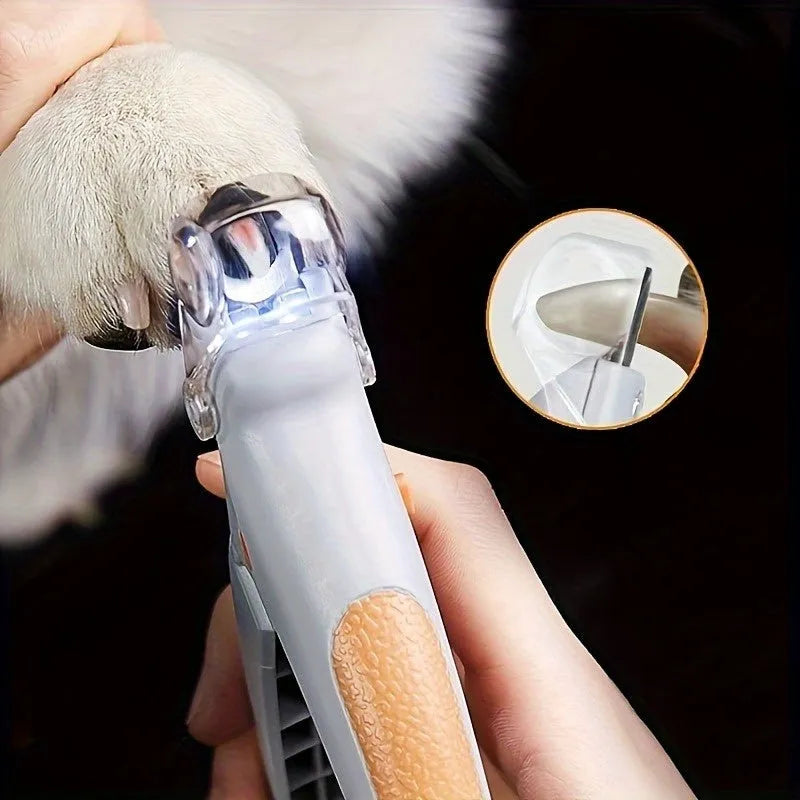 Yellow LED pet nail trimmer with magnifying glass for cats and dogs showing cutting blades and light features