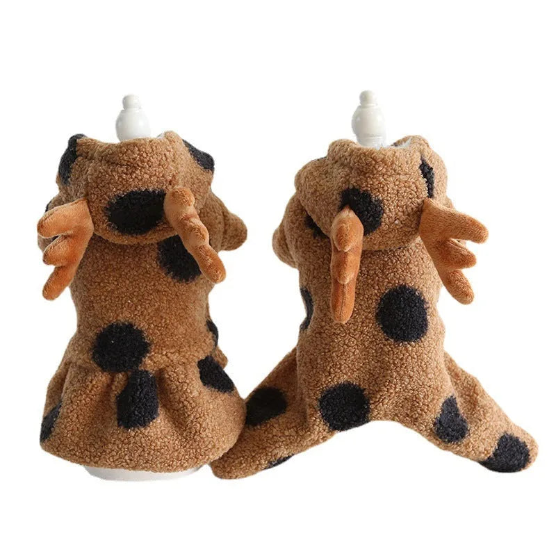 Polka dot elk couple pattern pet clothing for dog or cat, shown in skirt style and four-legged style on mannequin.