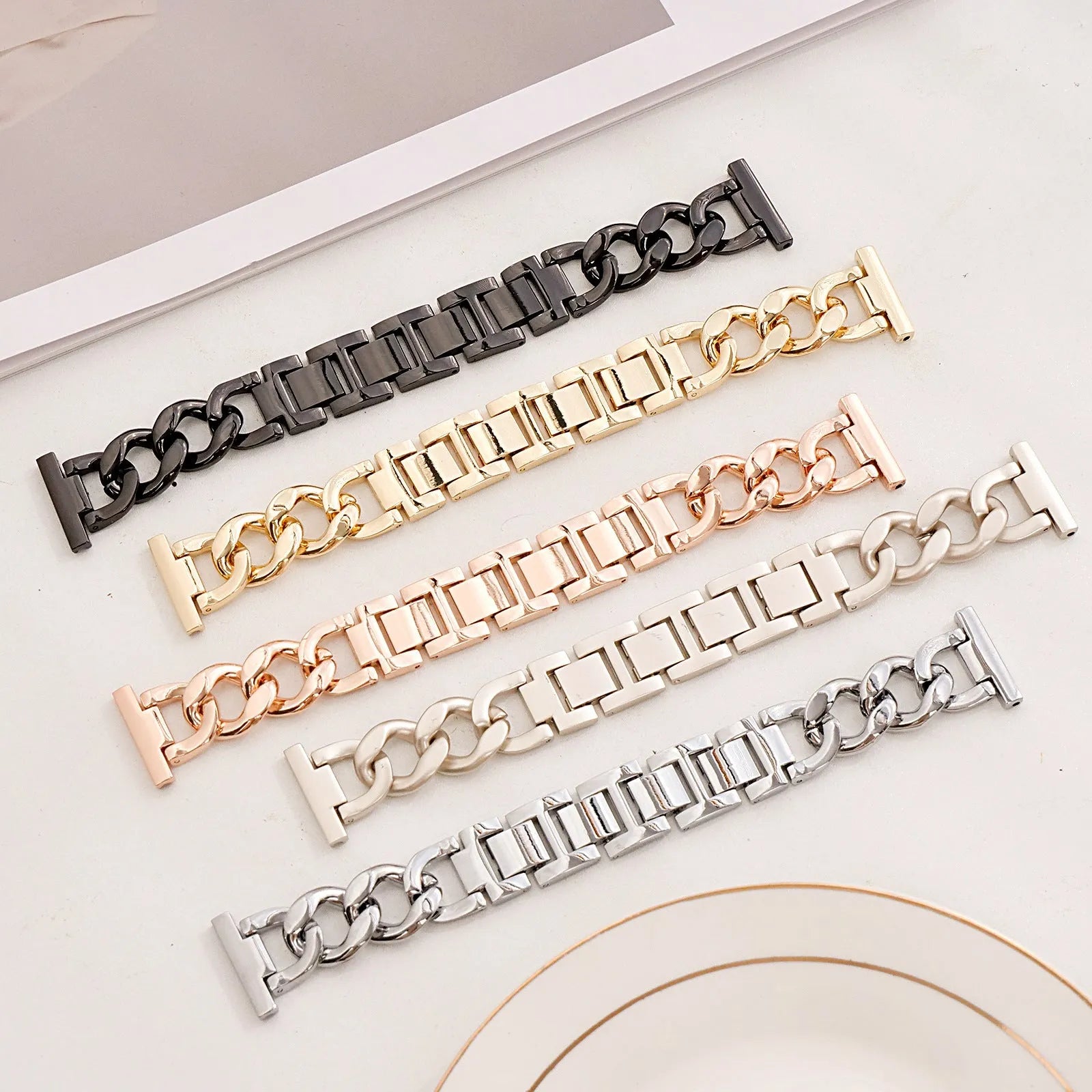 Denim chain link metal strap for Apple Watch in silver, black, gold, rose gold, and Starlight colours
