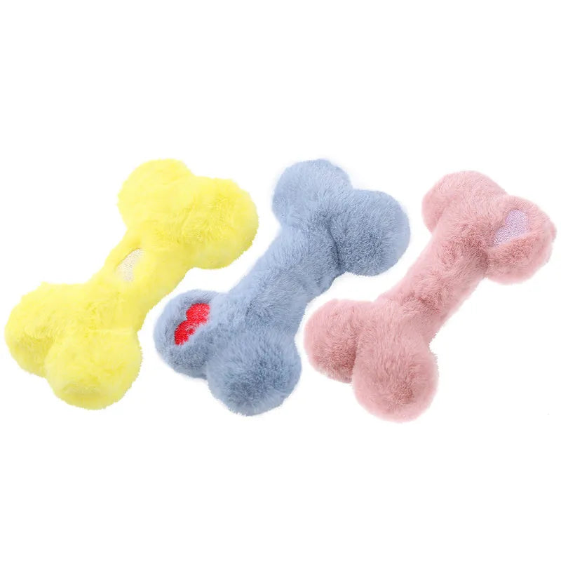 Blue love bone shaped plush dog toy with vocal BB rattle for interactive chewing play