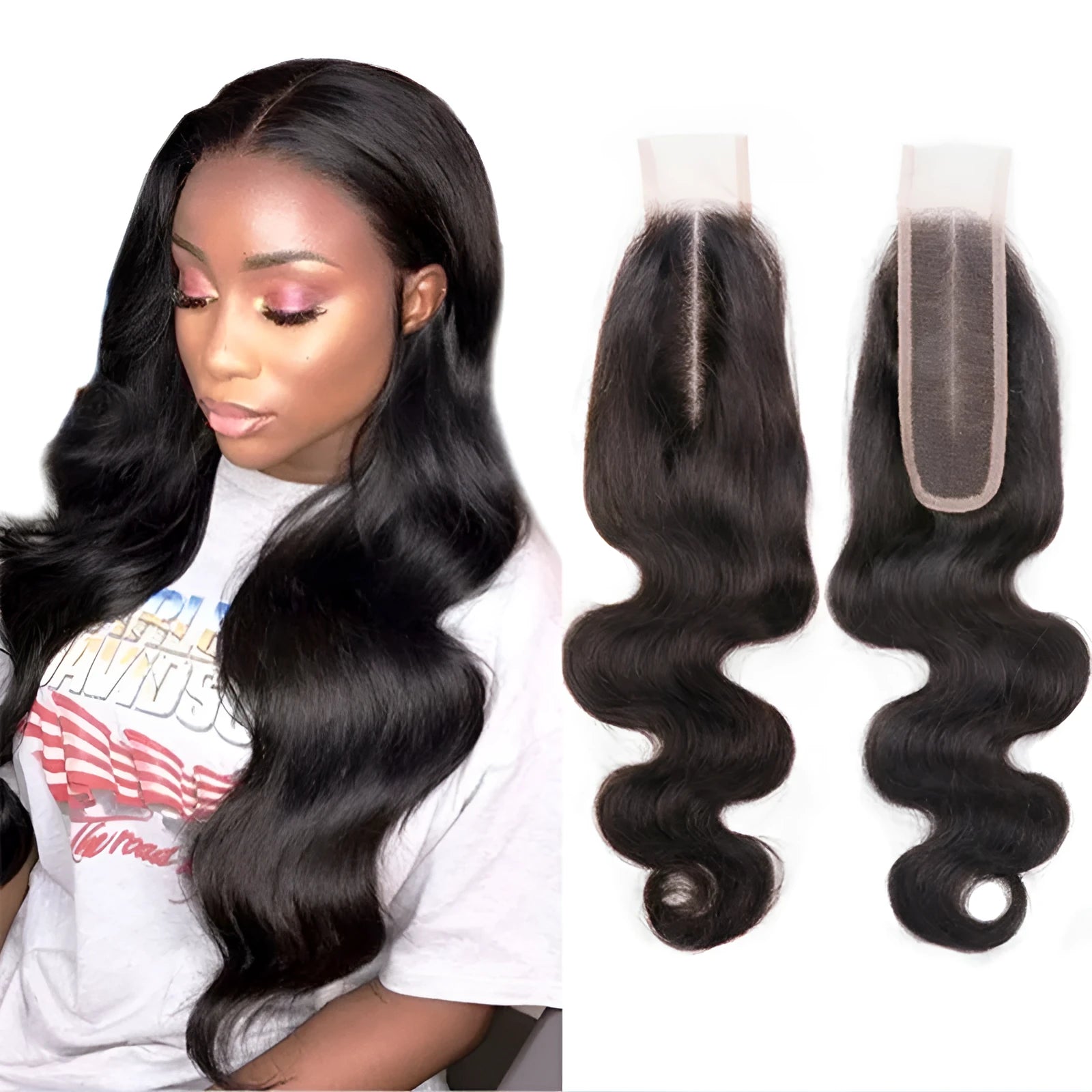 Straight human hair wig in natural colour showing hand-woven construction with length options from 8 to 20 inches