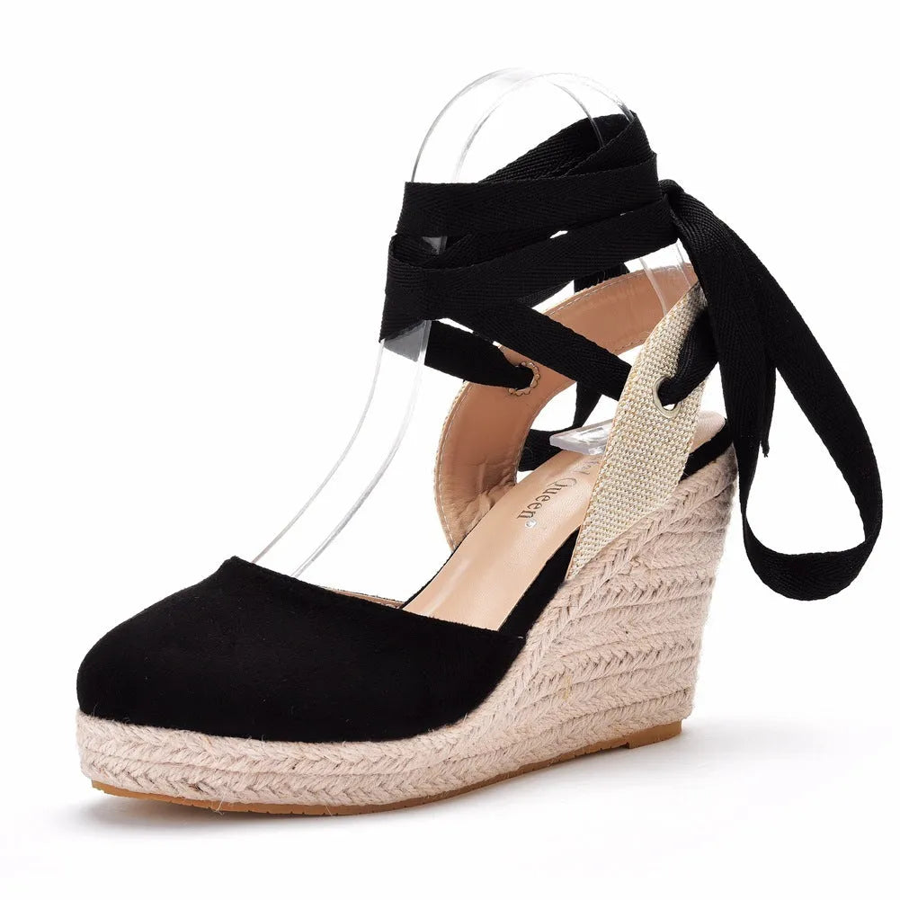 Women's round toe platform wedge sandals with buckle closure and beaded tassels on artificial PU upper