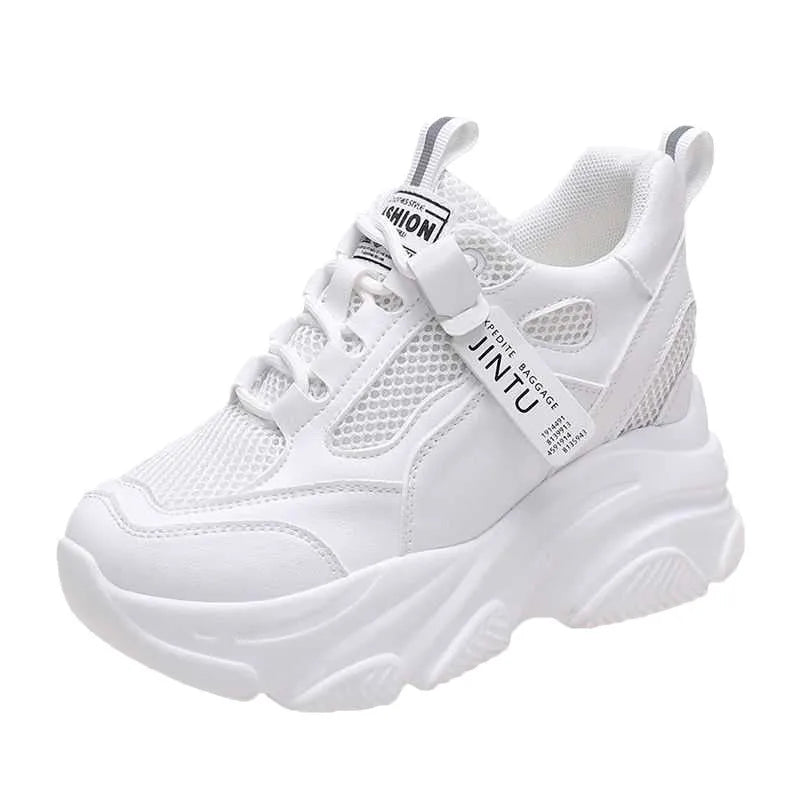 Women's black mesh platform casual shoes with toe holder design on a white background.