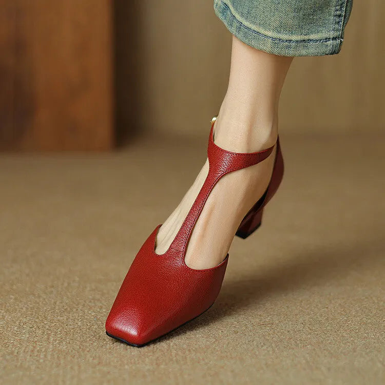 Women's wine red square-toe heels with chunky block heel and buckle fastening
