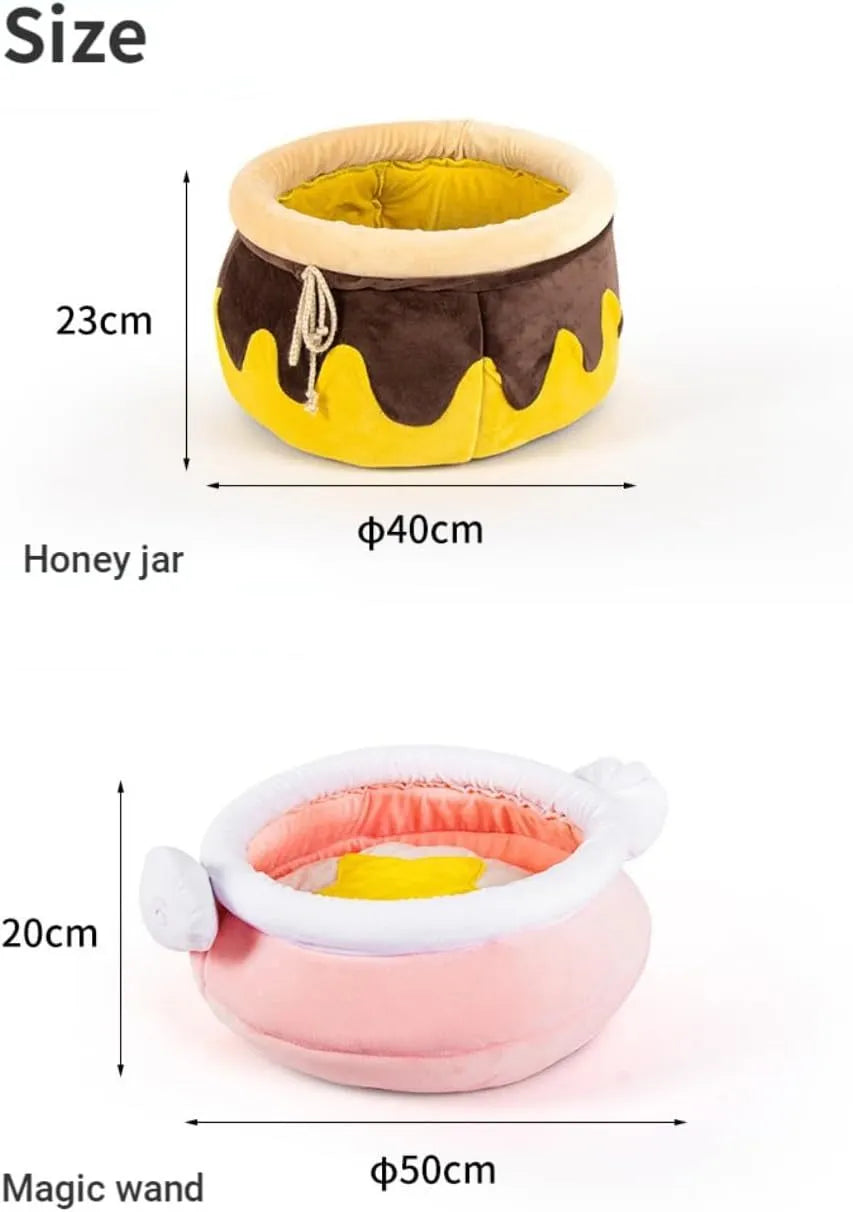 Honey pot shaped cat sofa bed with magic wand design in pink or yellow colour with removable nest pad