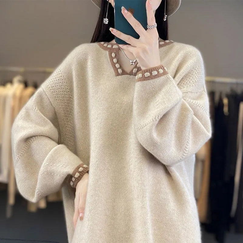 Women's V-neck viscose sweater in camel colour with regular sleeves