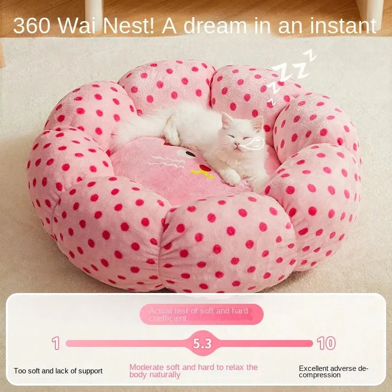 Pink cat bed cushion with dot pattern showing two size options for cats up to 20 pounds