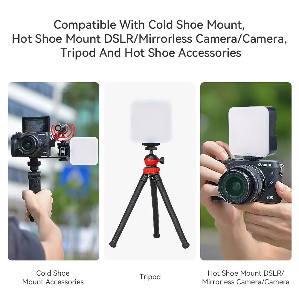 Compact black LED mini square camera flash with hot shoe mount on a small tripod stand.