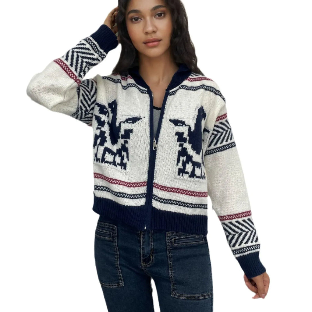 White women's cardigan with zipper front, lapel collar and jacquard contrast stripes