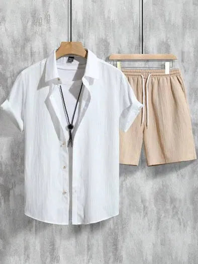 Men's Hawaiian printed short sleeve shirt and matching shorts outfit set on a hanger.